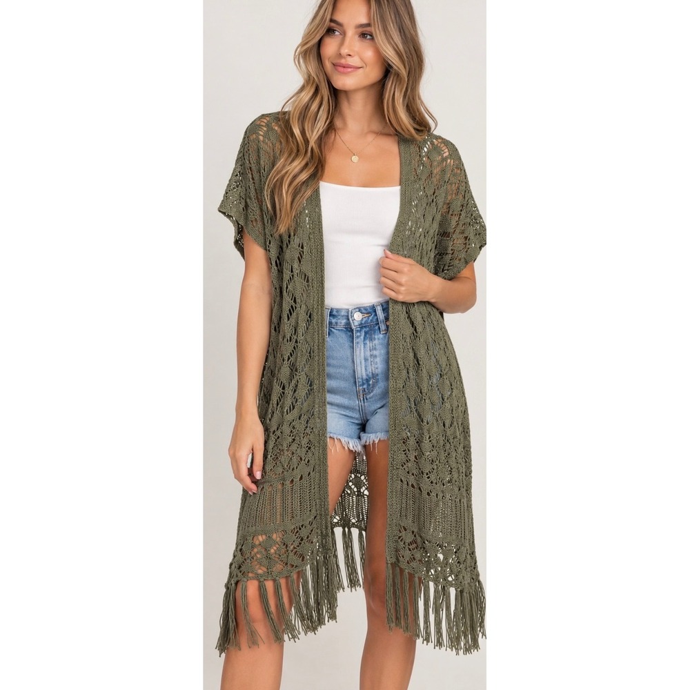 NWT Francesca's Olive Green Open Knit Pointelle Fringe Cardigan Size L